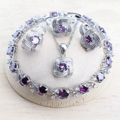 Set bijuterii placate cu argint 925, cu cristale de zirconiu violet-ametist