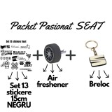 Set Cadou Pasionati SEAT , 13 Stickere Personalizate, Breloc 3D si Air Freshener Roata 3D