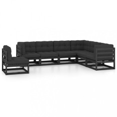 vidaXL Set mobilier grădină cu perne, 7 piese, negru, lemn masiv pin 3076818