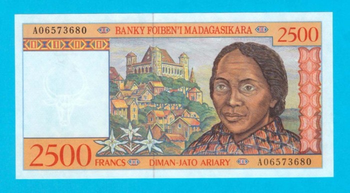 Bancnotă Madagascar (pick 81) 2500 Francs 1998 UNC serie: A06573680