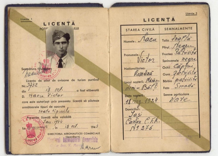 Regatul Romaniei Brevet de aptitudine si licenta, 1943, pilot aviatia comerciala