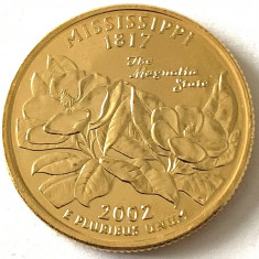 AMERICA QUARTER 1/4 DOLLAR 2002 LITERA D.(Statul Magnolia-MISSISSIPPI)PLACAT AUR foto