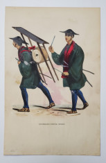 DOI MUZICANTI JAPONEZI , GRAVURA COLORATA MANUAL de DECAMPS , 1845 foto
