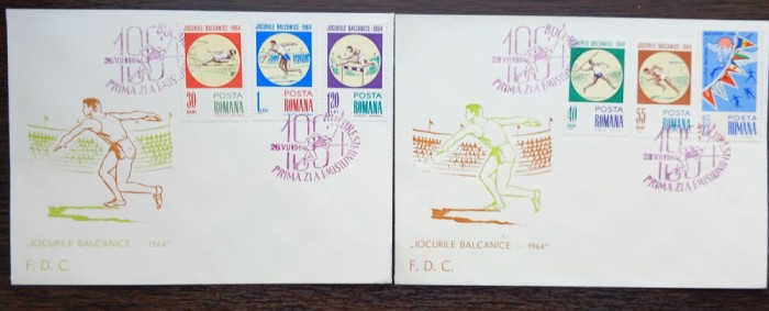 2 FDC ROMANIA - JOCURILE BALCANICE - 28.07.1964 - SERIE COMPLETA, LP 586