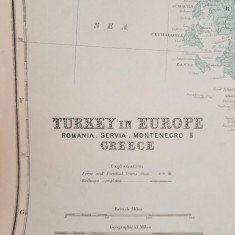 Harta a Balcanilor, cu reprezentare a Romaniei, tiparita in anul 1905