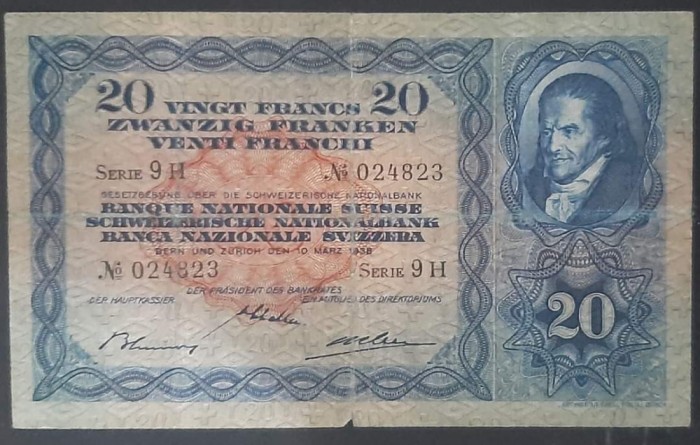 20 Franci 1938 Elvetia VF