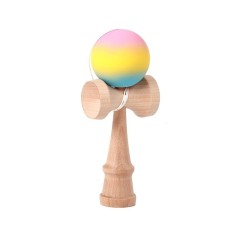 Jucarie interactiva kendama, flippy, din lemn, 18 cm, joc de indemanare pentru copii si adulti, model gradient 2, roz/galben/albastru