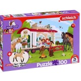 Puzzle 100 piese, Foc de tabără l&acirc;ngă rulotă, Schimdt + cadou: figurina cal