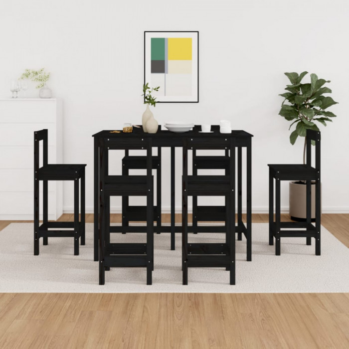 vidaXL Set mobilier de bar, 7 piese, negru, lemn masiv de pin