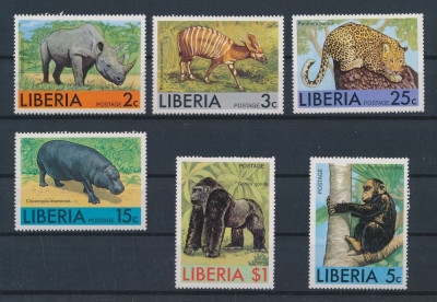 248-LIBERIA-Animale din Africa-hipopotam-pantera-Serie de 6 timbre nestamp MNH foto
