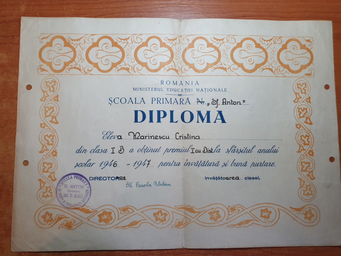 diploma premiul 1 cu distictie,clasa 1-a - din anul 1947-1948