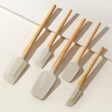 Set 5 Ustensile de Bucatarie, Cyrax, din Silicon si Lemn, Spatule de Diferite Dimensiuni, Termorezistente, Antiaderente, Bej-Maro