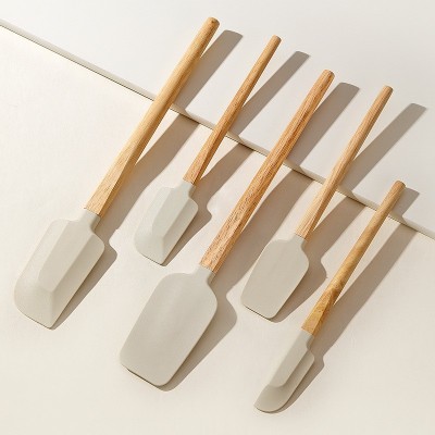 Set 5 Ustensile de Bucatarie, Cyrax, din Silicon si Lemn, Spatule de Diferite Dimensiuni, Termorezistente, Antiaderente, Bej-Maro foto