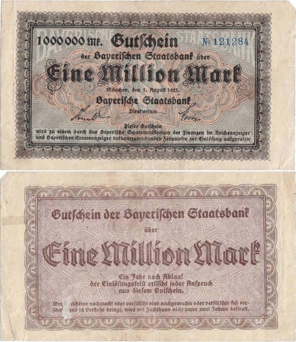 1923 (1 VIII), 1.000.000 mark (Gra:BAY.218b) - Germania (M&uuml;nchen)!