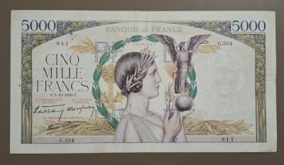 5000 franci 1939 Franța bancnotă de mari dimensiuni 230 &amp;times; 125 mm foto