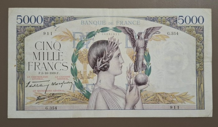 5000 franci 1939 Franța bancnotă de mari dimensiuni 230 &times; 125 mm