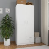 Șifonier Alb vidaXL 80x52x180 cm, Lemn Prelucrat, 2 Uși, 2 Sertare, Compartiment Umerașe - Dulap Dormitor Modern