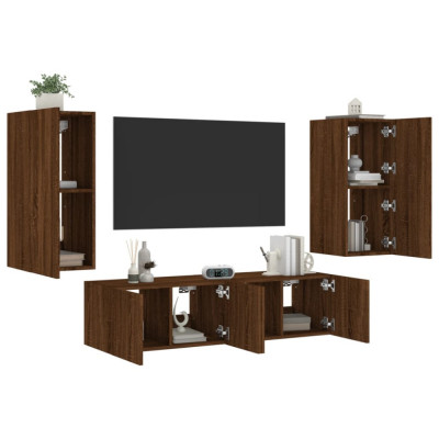 vidaXL Unități de perete TV cu LED-uri, 4 piese, stejar maro, lemn foto