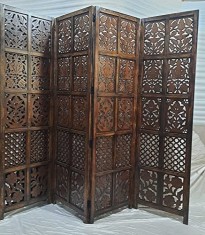 Superb paravan despărțitor camera din lemn masiv sculptat integral manual din lemn de mango ,4 polițe