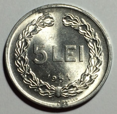 5 Lei 1951 Al, Romania UNC, Luciu de batere foto