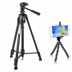 Set Trepied foto telescopic Weifeng WT-3520 universal 54 -140 cm, negru, husa transport inclusa + Trepied flexibil cu suport pentru telefon mobil sau foto