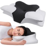 Perna Ortopedica Cervicala pentru dormit Linomag&reg;, Spuma cu Memorie, Husa lavabila, Suport pentru gat, umeri si brate, Alb/Negru, 62 x 41 x 8-10 cm