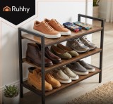 Raft pentru pantofi Ruhhy, 3 niveluri, structură metalică, stil industrial, Maro Rustic și Negru