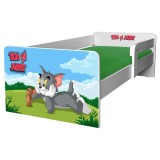 Pat pentru copii Mouse and Cat, cu protectie laterala detasabila, Pal melaminat, margini rotunjite, 2-12 ani, 144x76x45 cm, alb multicolor