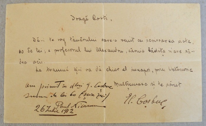 Scrisoare scrisa si semnata de George Cosbuc 1912