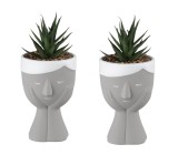Set 2 buc, Ghiveci decorativ in forma de fata din ceramica, cu bonsai din plastic si pietricele mici, 7.8x18cm, verde, alb si gri