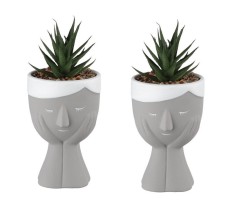 Set 2 buc, Ghiveci decorativ in forma de fata din ceramica, cu bonsai din plastic si pietricele mici, 7.8x18cm, verde, alb si gri foto