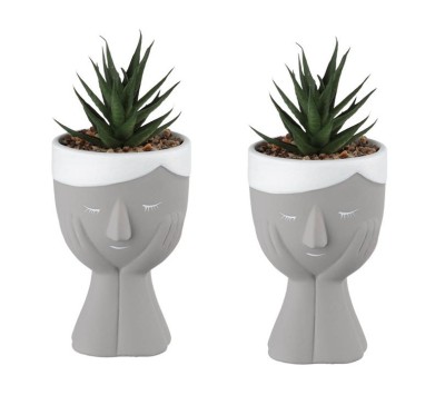 Set 2 buc, Ghiveci decorativ in forma de fata din ceramica, cu bonsai din plastic si pietricele mici, 7.8x18cm, verde, alb si gri foto