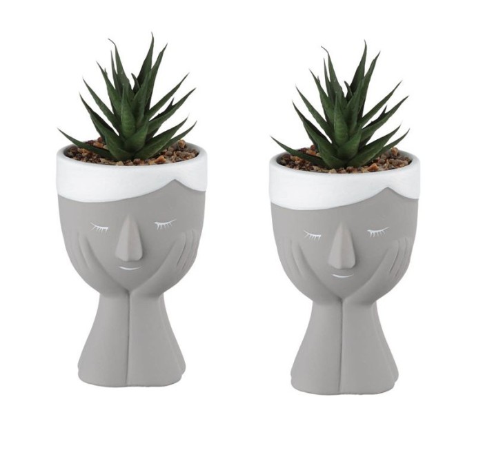 Set 2 buc, Ghiveci decorativ in forma de fata din ceramica, cu bonsai din plastic si pietricele mici, 7.8x18cm, verde, alb si gri