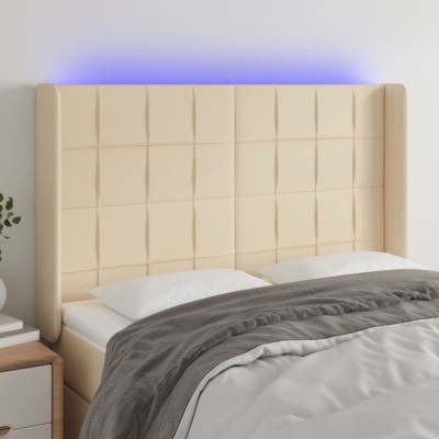 vidaXL Tăblie de pat cu LED, crem, 147x16x118/128 cm, textil 3124051 foto