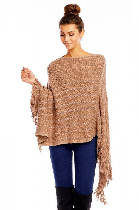 B559-8 Cardigan tip poncho accesorizat cu franjuri la baza