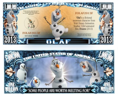 !!! SUA = FANTASY NOTE (TJ6) = DESENE ANIMATE : OLAF , FROZEN - 2013 - UNC foto
