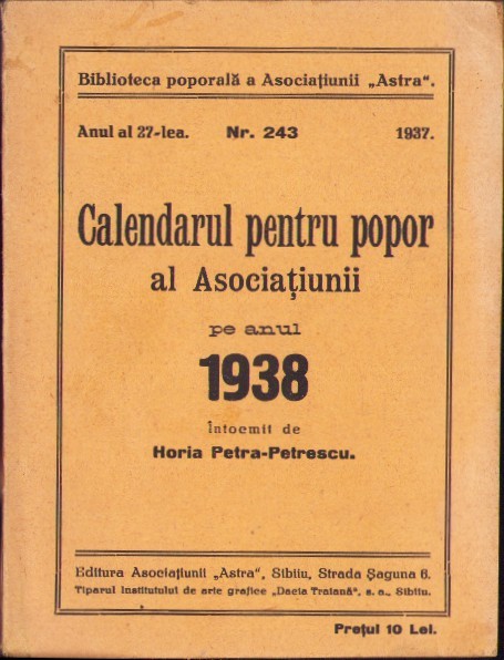 866SPN Calendarul pentru popor al Asociațiunii pe anul 1938 semnat Meteș