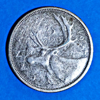 CANADA 25 CENTS CENTI 1957 ELIZABETH II ARGINT STARE BUNA SPRE F BUNA foto