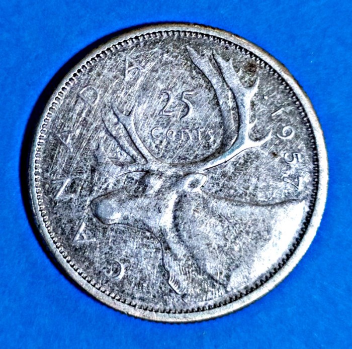 CANADA 25 CENTS CENTI 1957 ELIZABETH II ARGINT STARE BUNA SPRE F BUNA