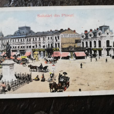 Carte postala Salutari din Ploiesti, 1910, Piata centrala, animata, stare buna