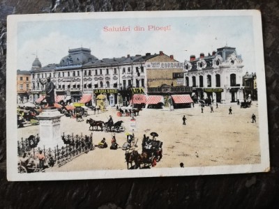 Carte postala Salutari din Ploiesti, 1910, Piata centrala, animata, stare buna foto