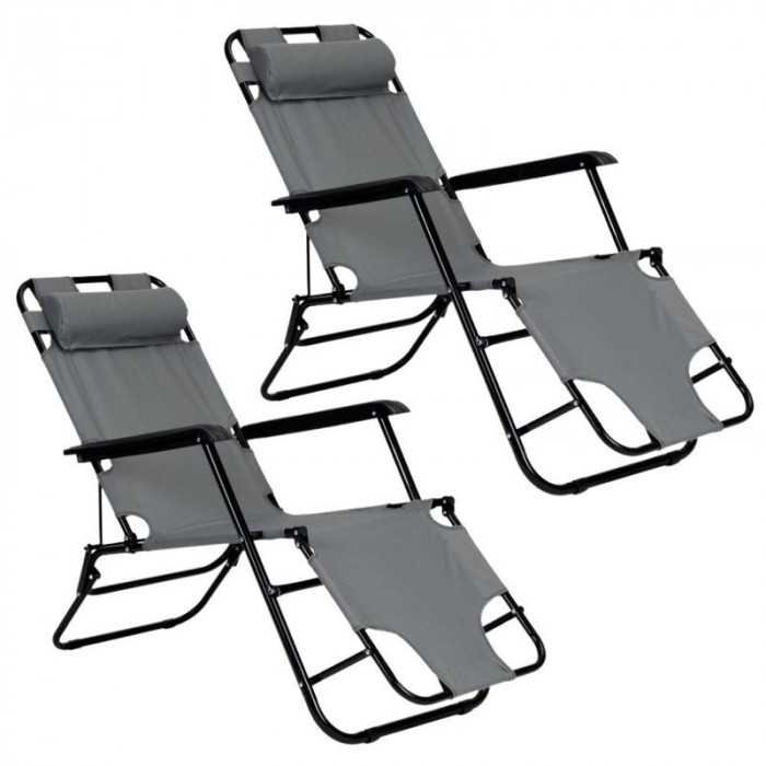 Set 2 sezlonguri pliabile cu tetiera si suport pentru picioare, Cadru Metalic Negru, Max 160 kg, Tesatura, Gri