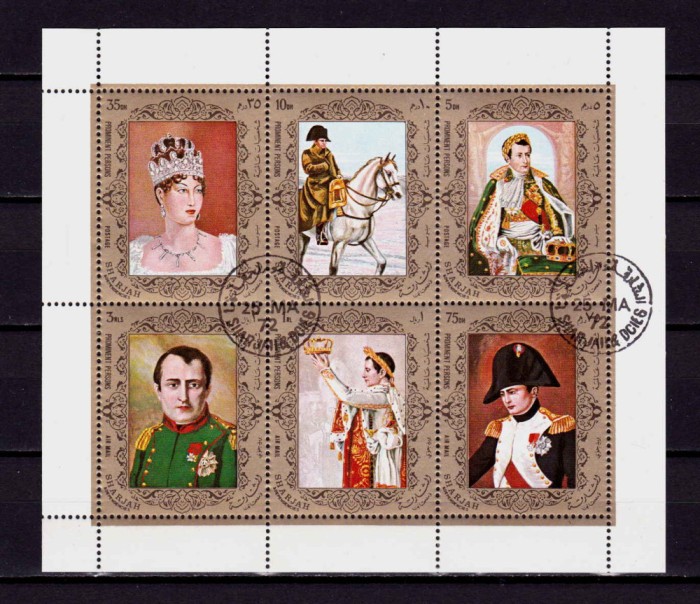 ✅ (S45) 1972 Sharjah &quot;Napoleon in pictura&quot; ,Mi. 1264-1269 , serie in bloc ,stampilata