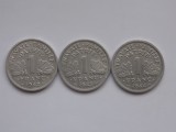 Lot 3 Monede 1 Franc Vichy (1942, 1943, 1944) Franta, Colectie Numismatica