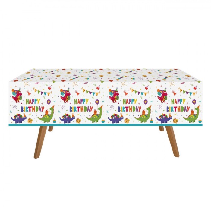 Față de masă din plastic, Model Dinozauri, Mesaj Happy Birthday, Dimensiuni 120x180 cm, Multicolor