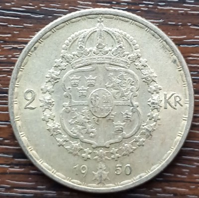 (A1035) MONEDA DIN ARGINT SUEDIA - 2 KRONOR 1950, LIT. TS, REGELE GUSTAV V foto