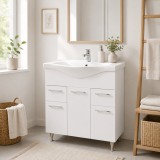 Baza si lavoar ceramic GN1531, mobilier baie stativ 75 cm, front MDF, 2 usi, 3 sertare, balamale soft close, picioare cromate reglabile, alb