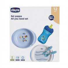 Set complet de hranire, Chicco, 5 piese, Fara BPA, 12 luni+, Albastru