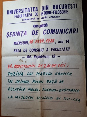 afis universitatea din bucuresti-facultatea de istorie si filozofie-anul 1986 foto