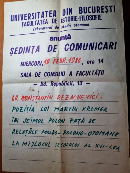 afis universitatea din bucuresti-facultatea de istorie si filozofie-anul 1986